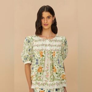 Farm Rio Folk Floral Off Short Sleeve Blouse